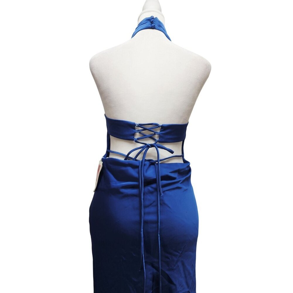 Blue Halter Womens Satin Maxi Dress Size XS Phicia - Picture 2 of 9